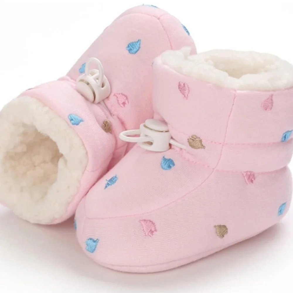 Pink Sherpa Lined Baby Booties with Blue Gold Pink Heart Accents Size 0-6 Months